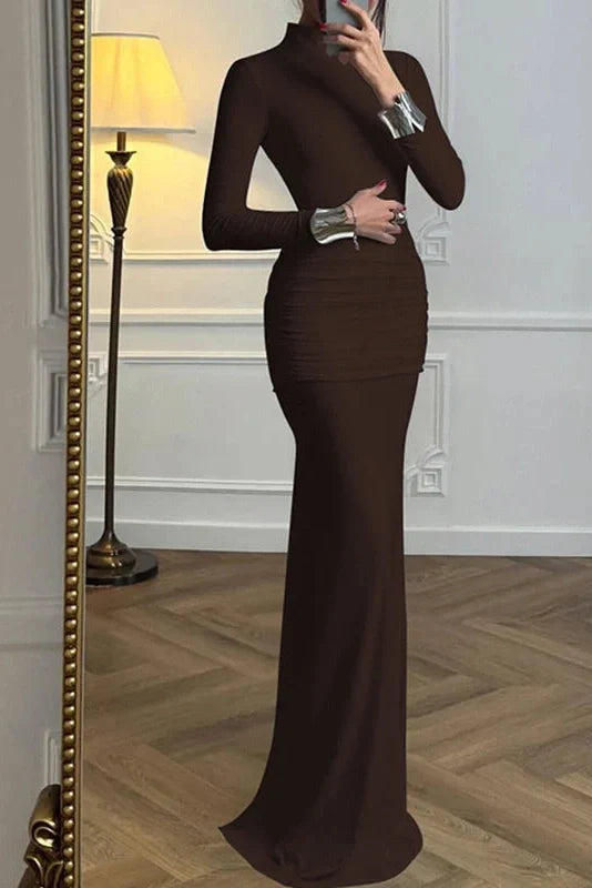 Elegant Slim Turtleneck Long Sleeve Backless Pleated High Waist Maxi Dress