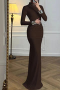 Elegant Slim Turtleneck Long Sleeve Backless Pleated High Waist Maxi Dress