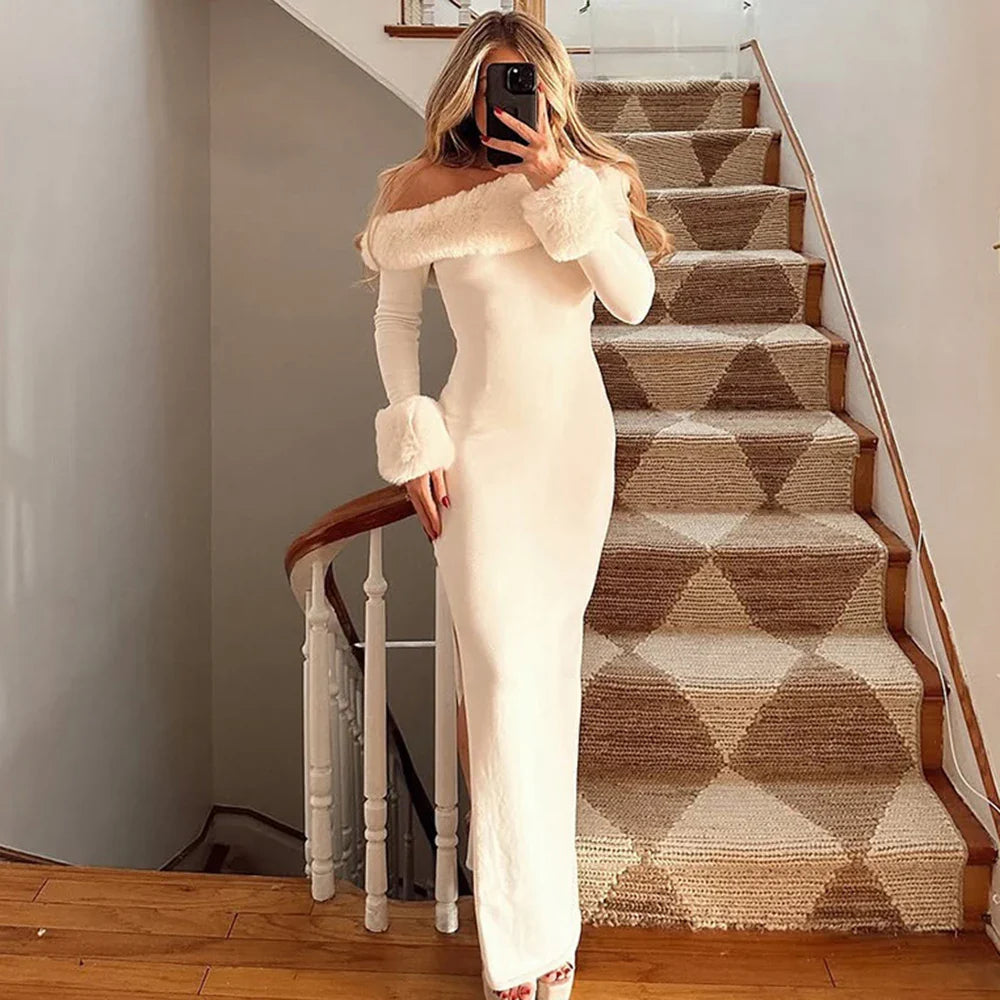 Elegant Off Shoulder Patchwork High Waist Maxi Dress