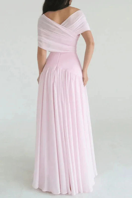 Off Shoulder High Waist Pleated Maxi Dress