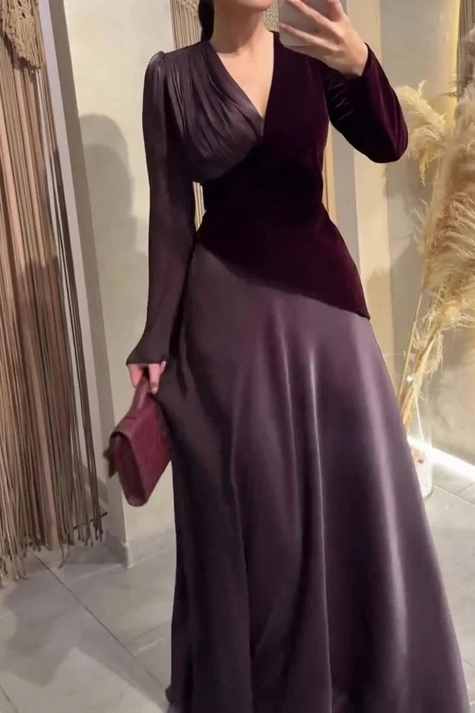 Long Sleeve V-Neck High Waist Pleated Maxi Dress