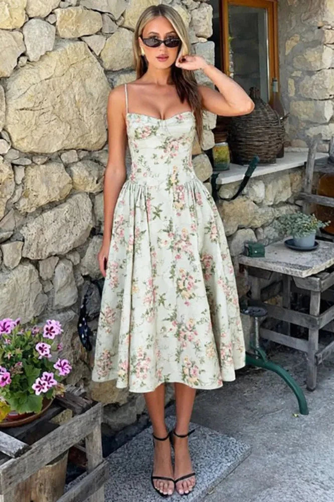 Spaghetti Strap Printed Sleeveless A-Line High Waist Pleated Midi Dress
