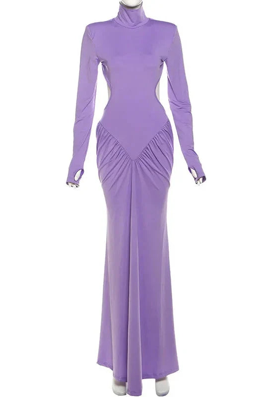 Elegant Backless Turtleneck Long Sleeve Maxi Dress