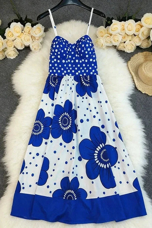 Sleeveless Pleated Printed Loose Midi Dress