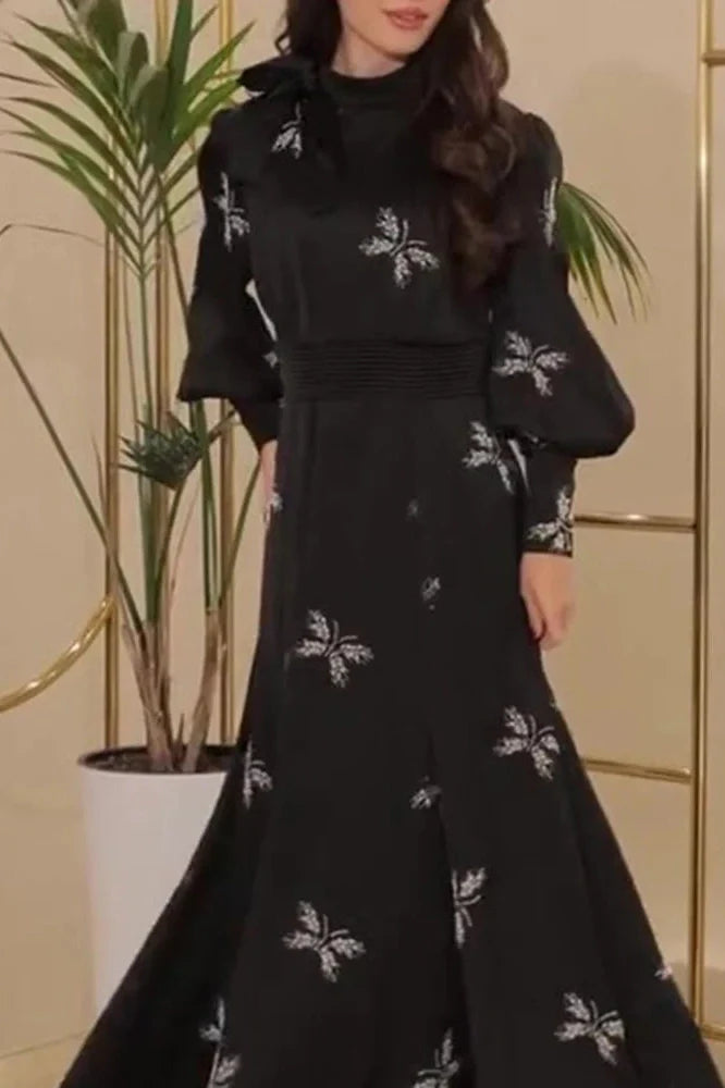 Elegant Printed Pleated High Waist Long Sleeve Slim Maxi Dress