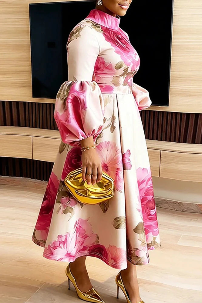 Floral Print High Waist Pleated Long Sleeve Midi Dress