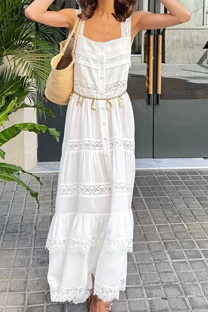 Hollow Out High Waist Lace Sleeveless Pleated Maxi Dress