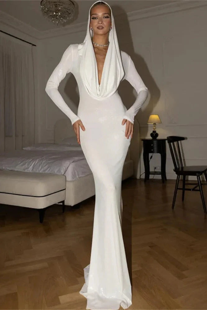 V-Neck High Waist Slim Long Sleeve Bodycon Maxi Dress