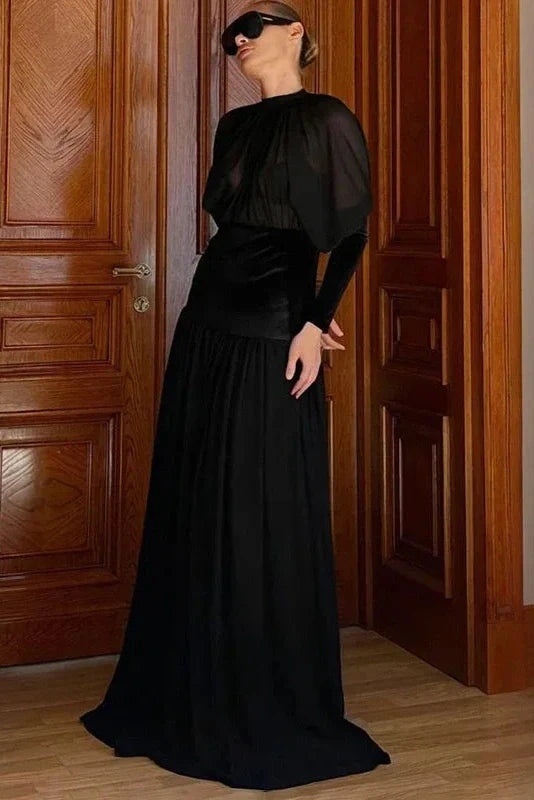Elegant Round Neck Long Sleeve High Waist Slim Maxi Dress