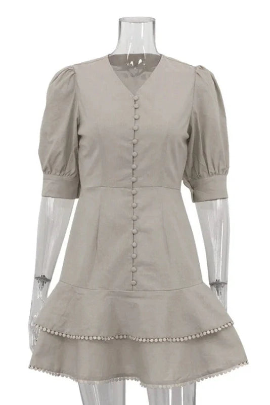 Lantern Sleeve A-Line V-Neck Single-Breasted High Waist Mini Dress