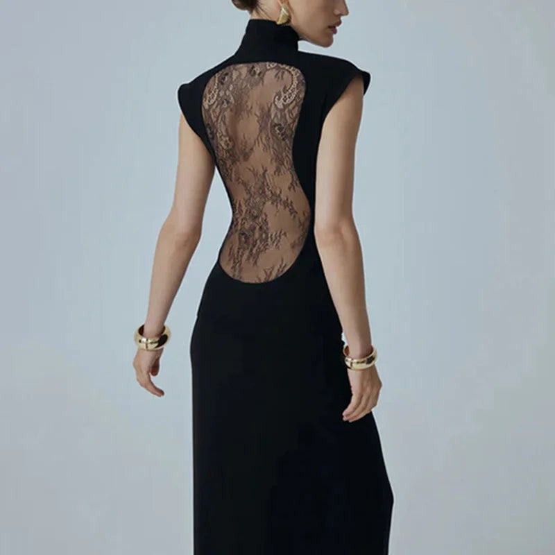 Hollow Out High Neck Patchwork Backless Maxi Dress