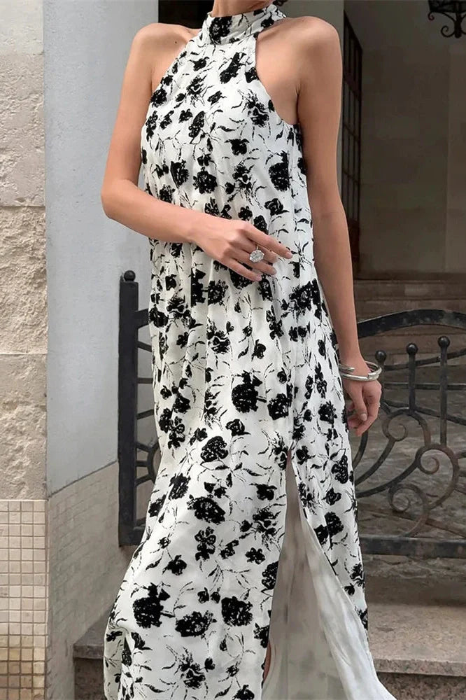 Printed Backless Sleeveless Slim Lace-Up Maxi Dress