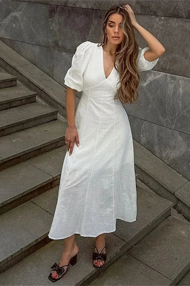 Backless Short Sleeve Slim V-Neck High Waist Midi Dress
