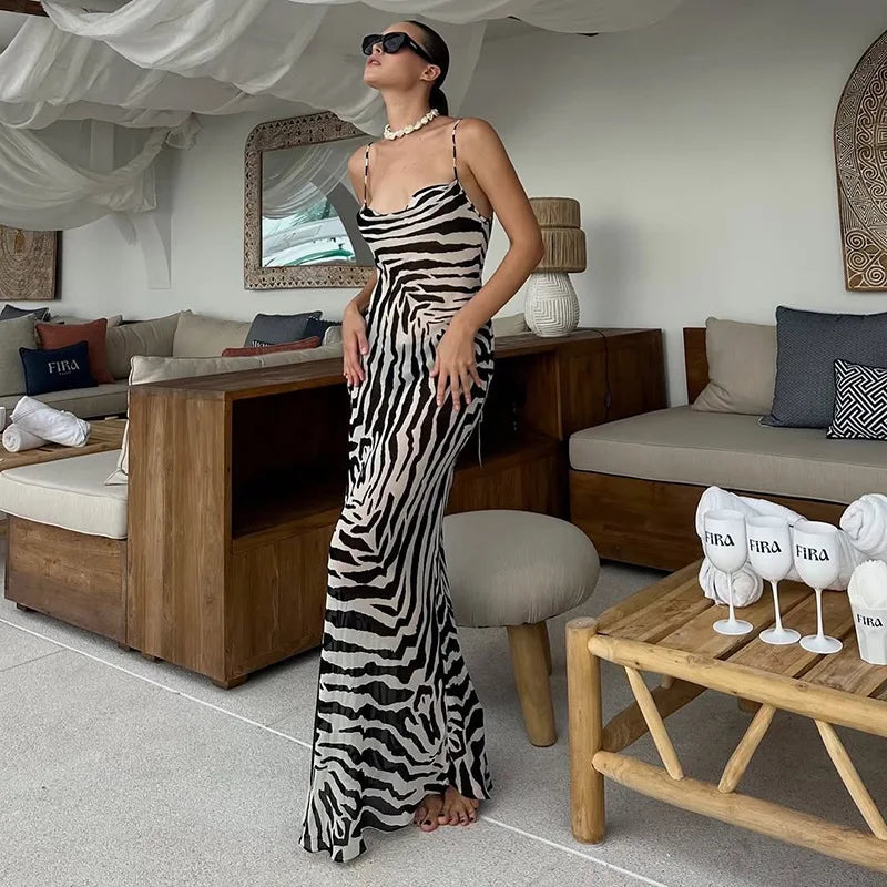 Printed  Spaghetti Strap Lace Up Maxi Dress