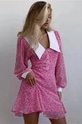 V-Neck Printed High Waist Long Sleeve Backless Mini Dress