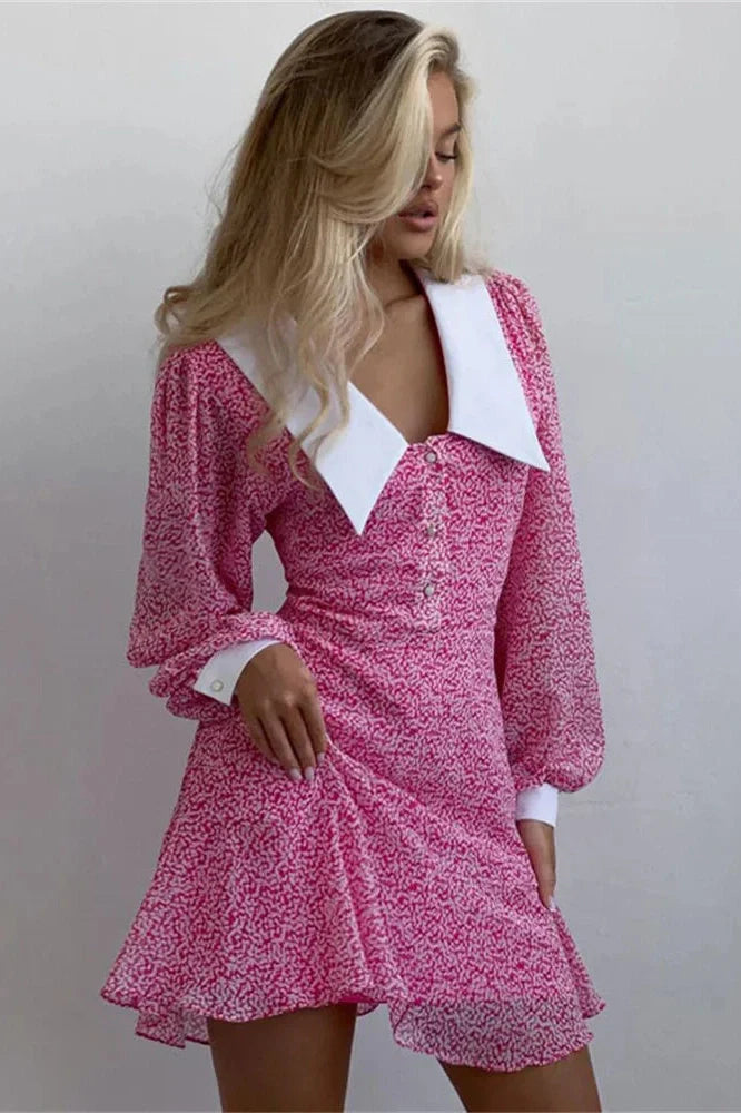 V-Neck Printed High Waist Long Sleeve Backless Mini Dress