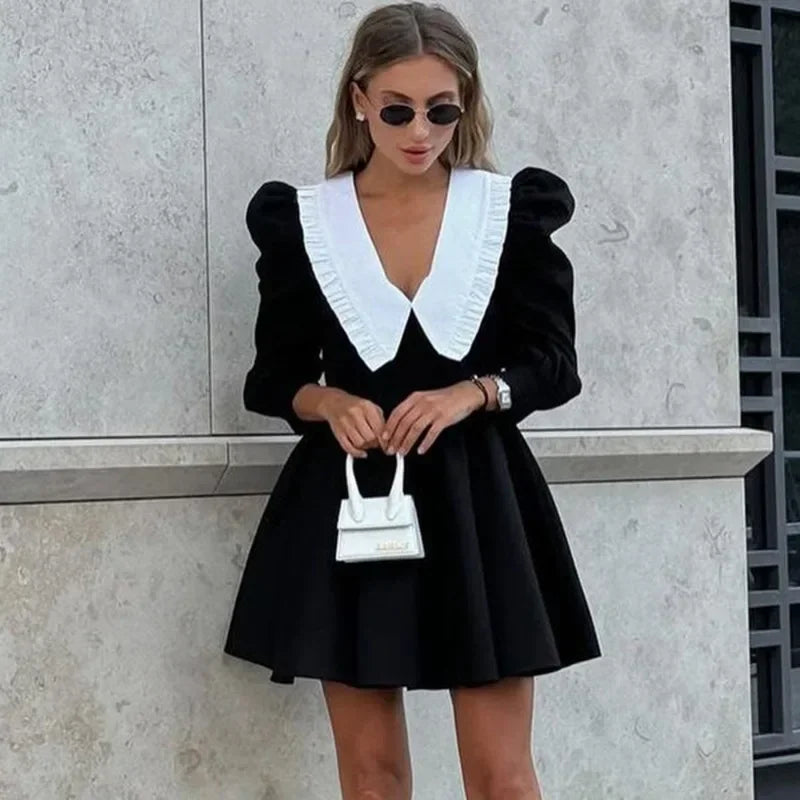 Patchwork Long Sleeve Pleated Mini Dress
