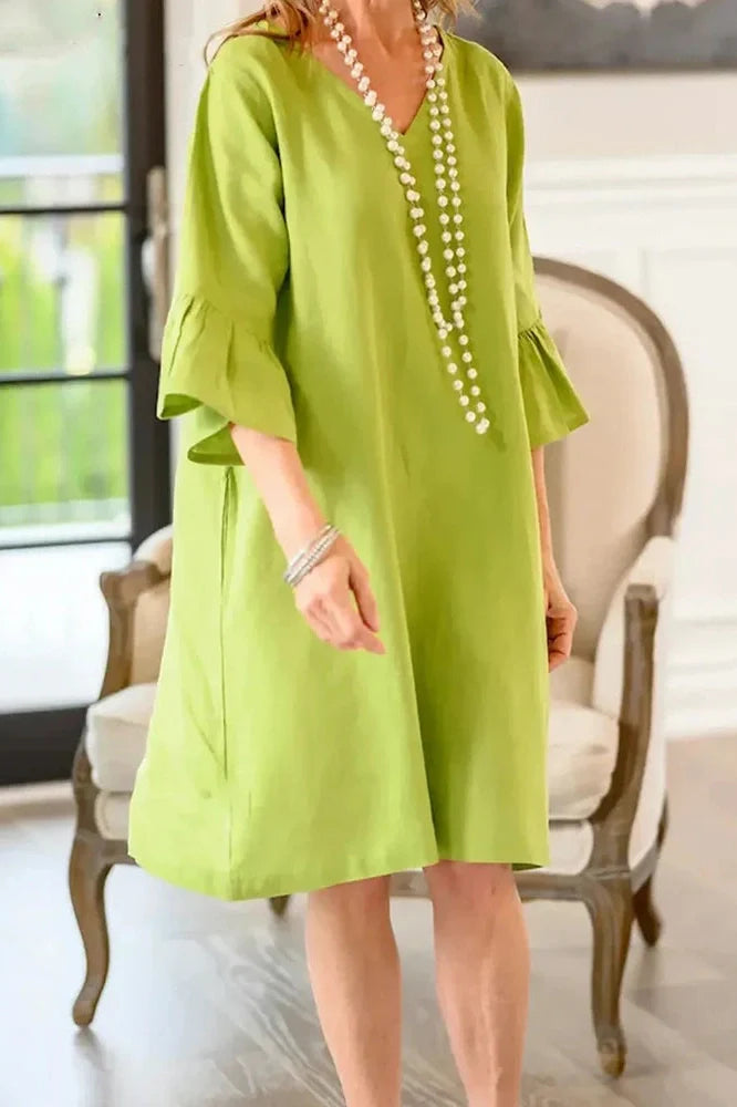 Half Sleeve V-Neck Loose Pleated A-Line Mini Dress