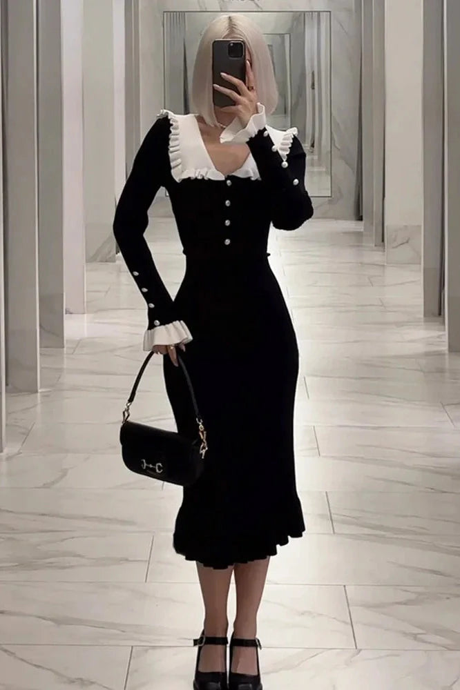 Patchwork Knit Long Sleeve Slim Midi Dress
