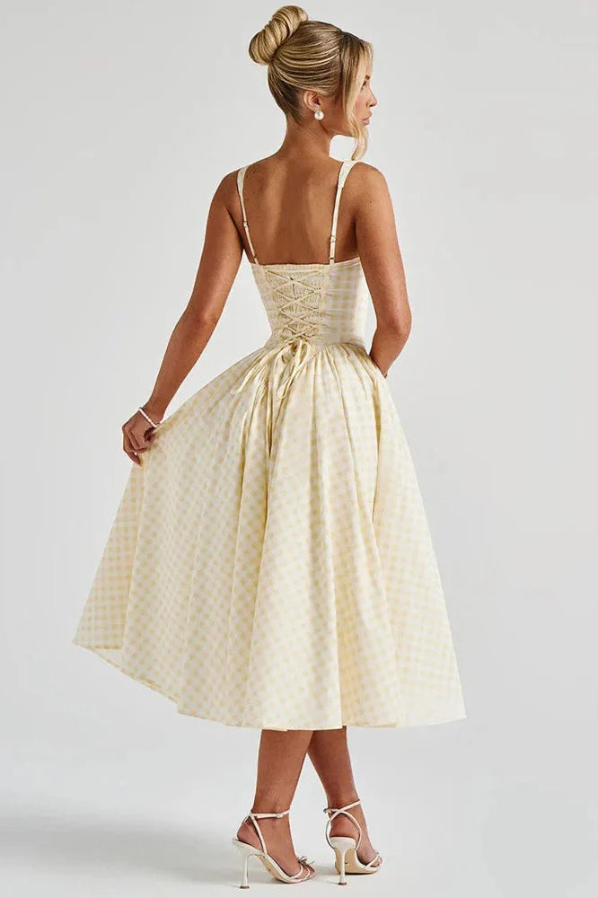 Plaid Printed Spaghetti Strap High Waist A-line Backless Midi Dress