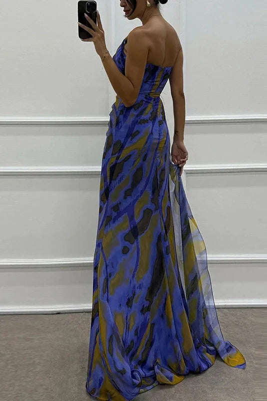 Sleeveless Backless High Split Printed One Shoulder Maxi Dress