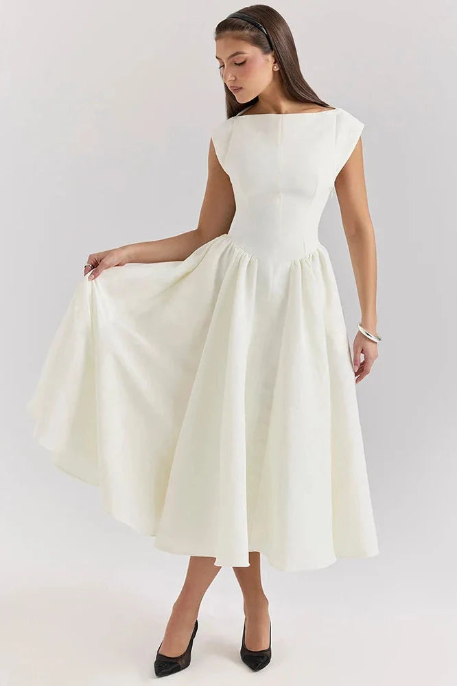 Hollow Out Backless Sleeveless High Waist Pleated A-line Midi Dress