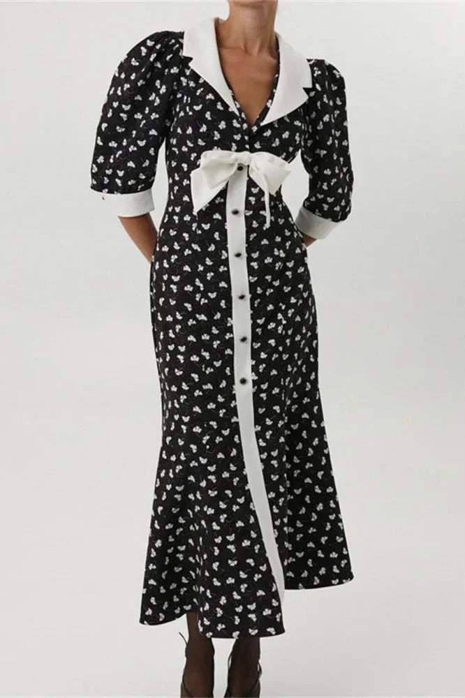 Printed V-Neck Patchwork Midi Dress