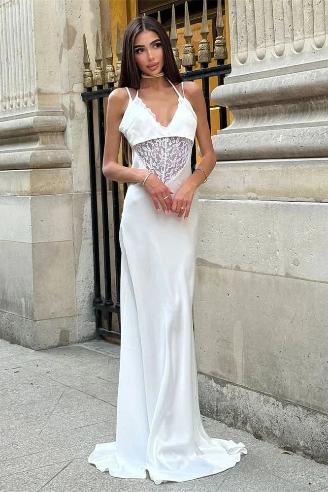 Hollow Out Lace Backless Slim V-Neck Maxi Dress