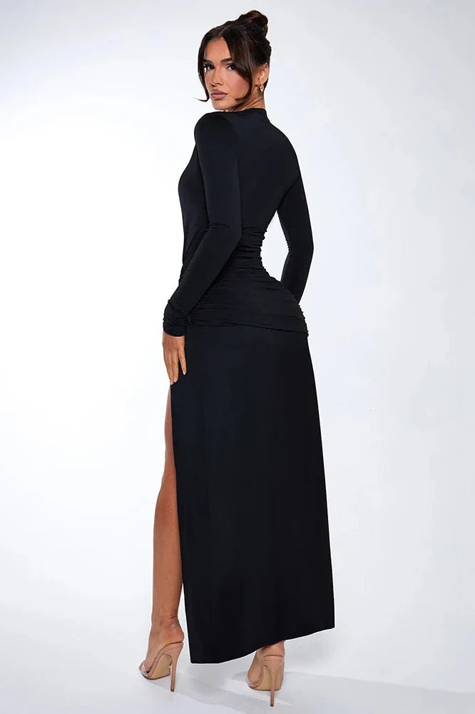 Deep V Neck Long Sleeve High Split Maxi Dress
