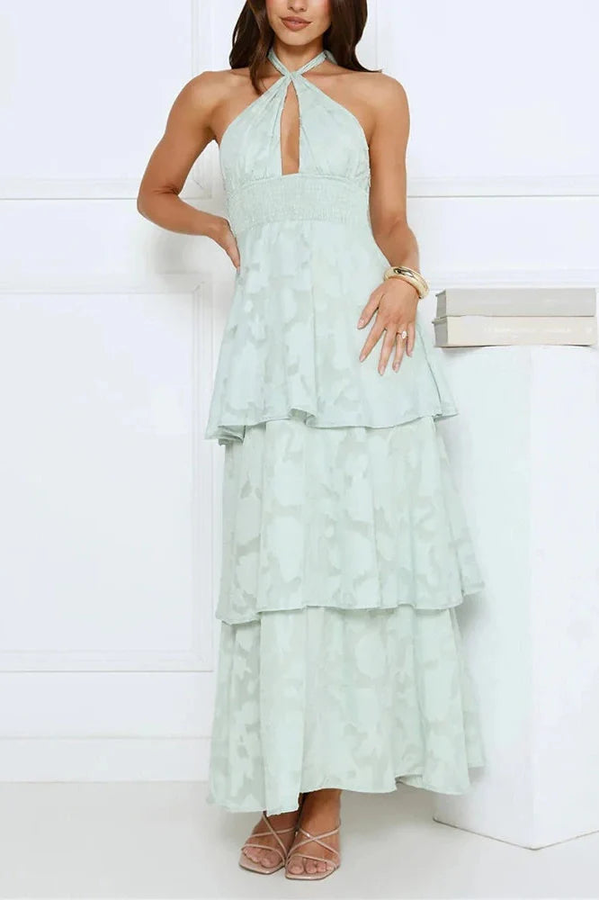 Elegant Hollow Out Backless Tie Up High Waist Maxi Dress