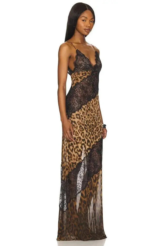 Printed Spaghetti Strap Patchwork See Through Sleeveless Maxi Dress
