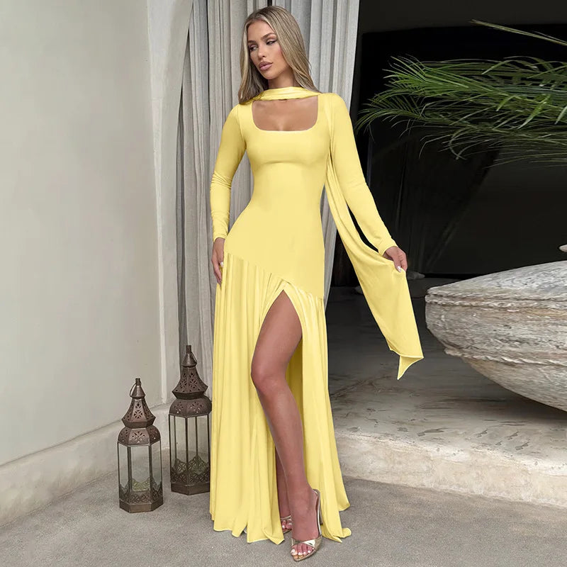 Square Neck Scarf Ribbon Slim Long Sleeve Maxi Dress