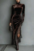 Elegant Turtleneck Long Sleeve Velvet Lace Fit Midi Dress