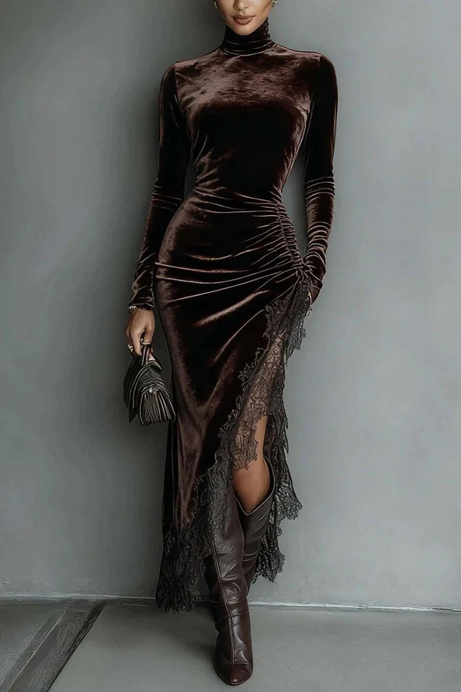 Elegant Turtleneck Long Sleeve Velvet Lace Fit Midi Dress
