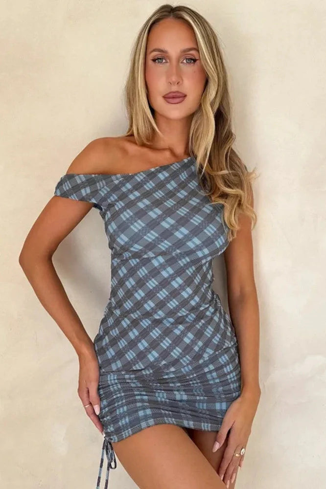 Plaid Printed One Shoulder Backless Sleeveless Mini Dress