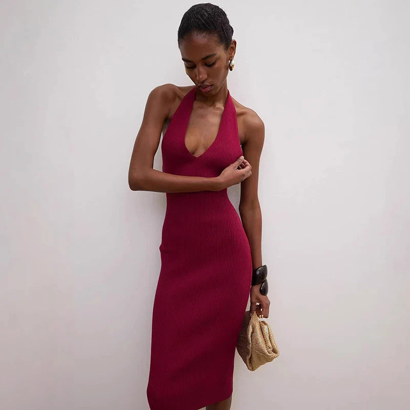 Knitted V-Neck Sleeveless Slim Midi Dress