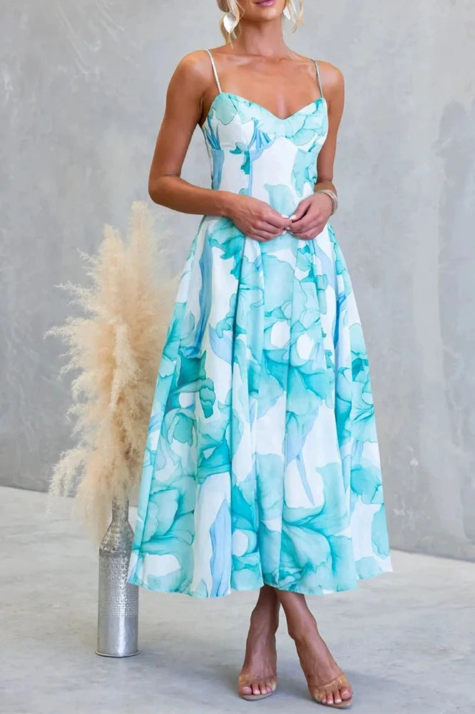 Floral Printed High Waist Sleeveless Pleated Midi Dress