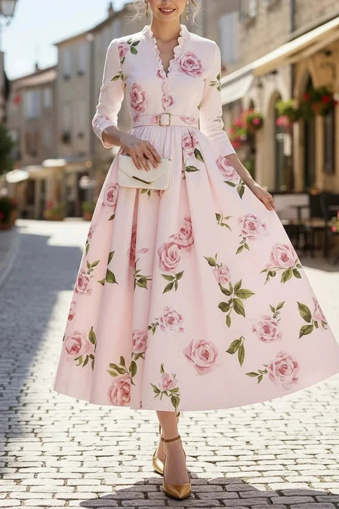 Elegant High Waist A-Line V-Neck Printed Long Sleeve Pleated Midi Dress