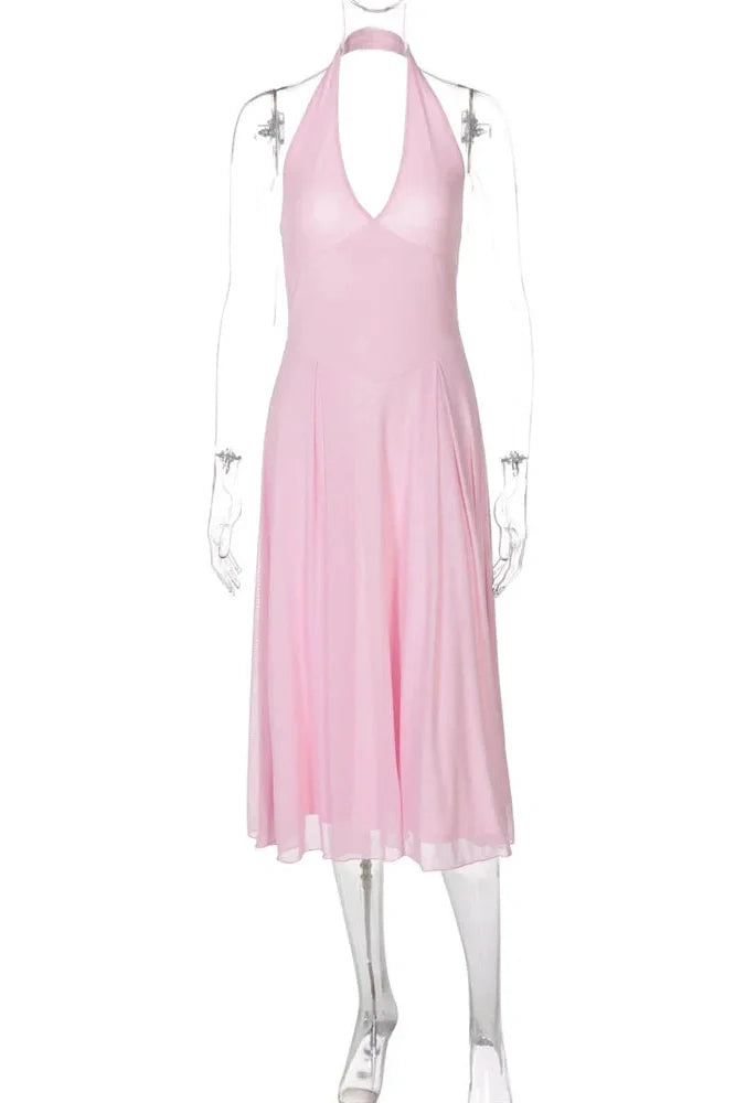 V-Neck Patchwork High Waist Sleeveless Midi Dress