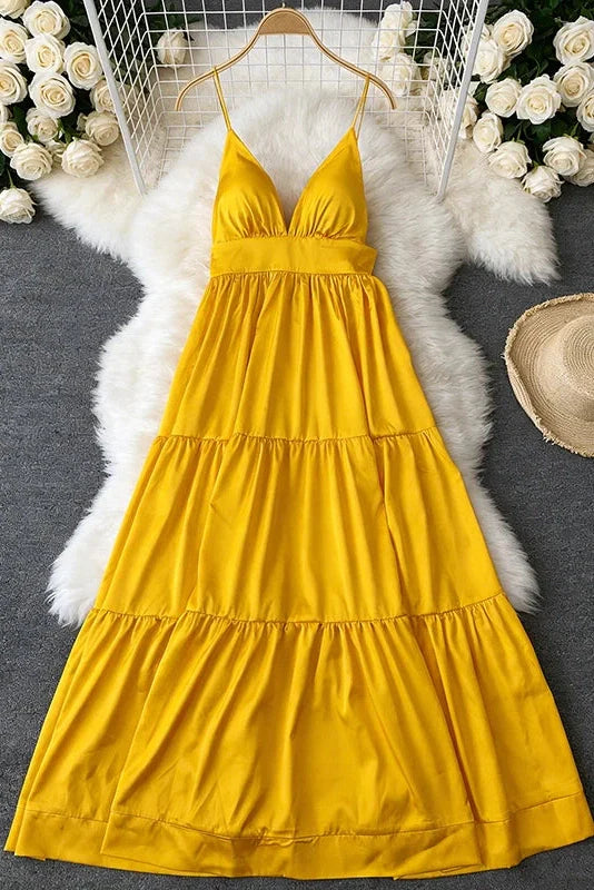 Pleated V-Neck Sleeveless High Waist Maxi Dress