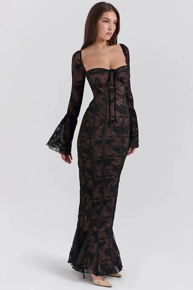 Lace Print Long Flare Sleeve Square Collar Maxi Dress