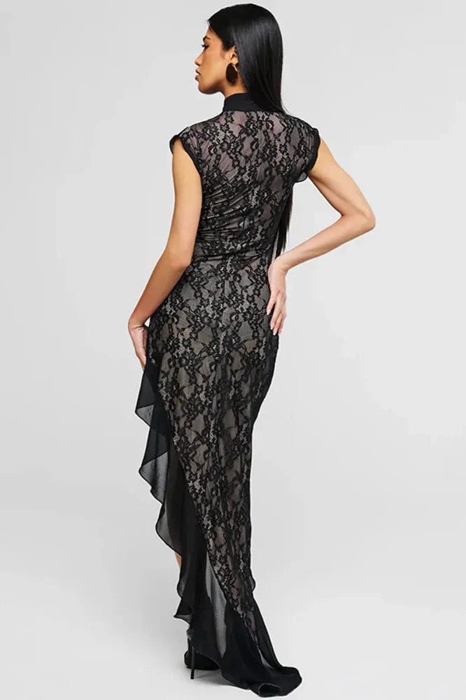 Hollow Out Lace Sleeveless High Split Maxi Dress