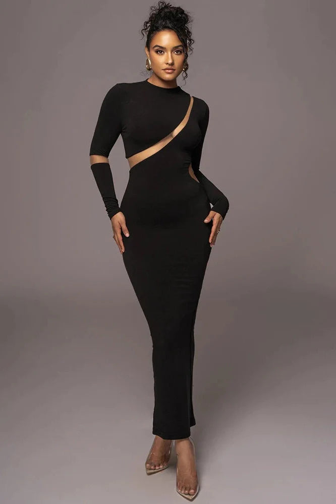 Long Sleeve Bodycon Patchwork Hollow Out Maxi Dress