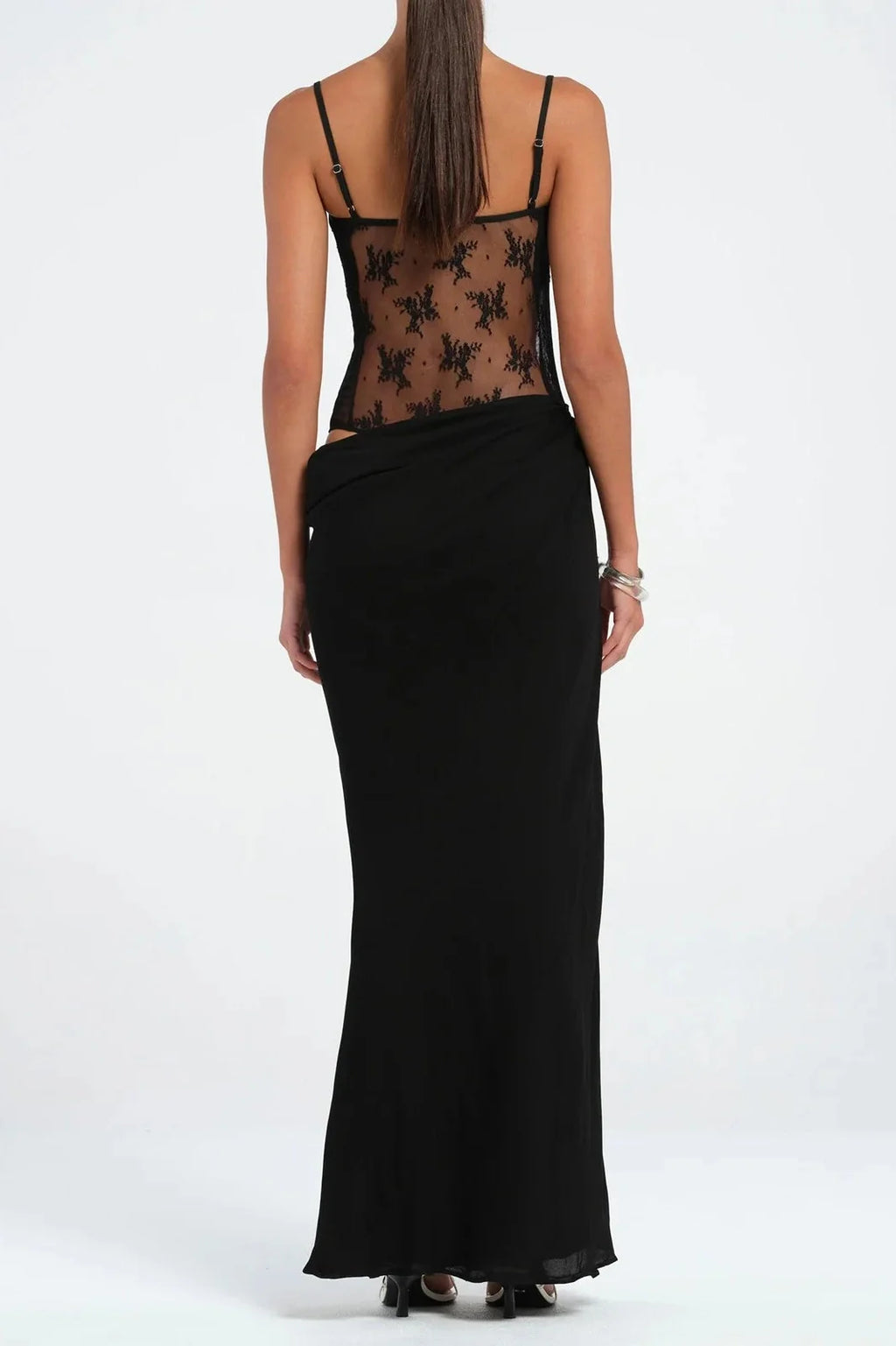 Patchwork Lace Slim Spaghetti Strap Backless Maxi Dress