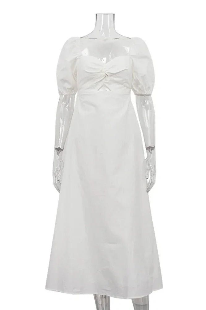 Hollow Out Cotton Square Collar Puff Sleeve Slim A-Line Maxi Dress