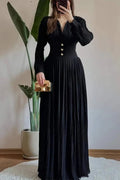 Long Sleeve High Waist Pleated V-Neck Maxi Dress