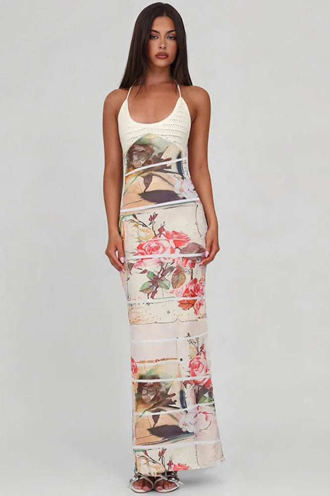 Backless Printed Patchwork Lace-up Sleeveless Bodycon Maxi Dress