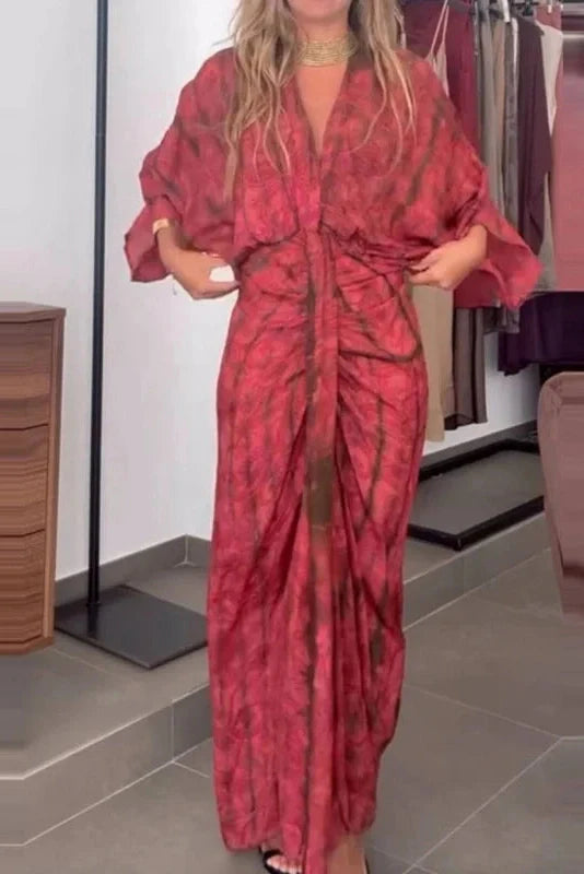 Sleeves Loose Printed Tie-Up V-Neck High Waist Pleated Maxi Dress