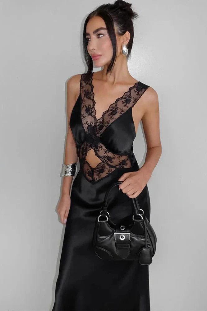 Lace Slim Deep V Neck High Waist Maxi Dress