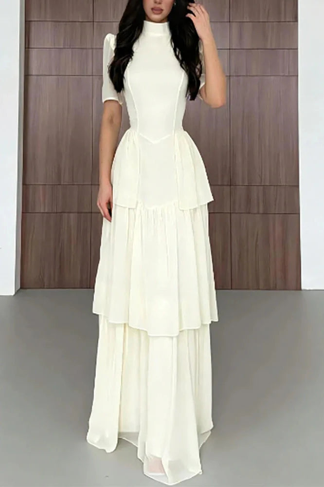 O-Neck Pleat High Waist Maxi Dress